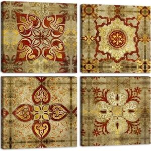Set of 4 16"x16" Prints - Moroccan Design in Gold and Red